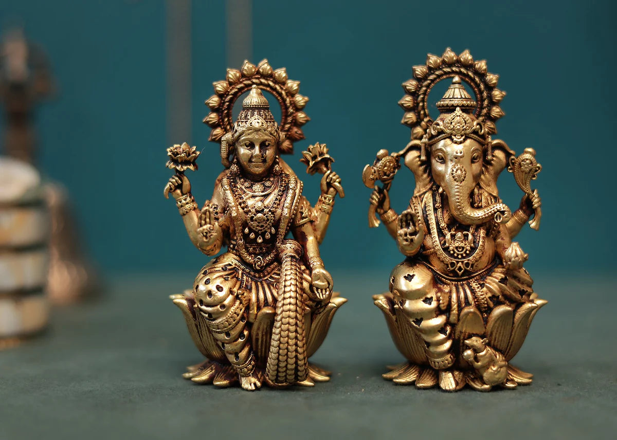 Superfine Antique Brass Lakshmi Ganesh Pair