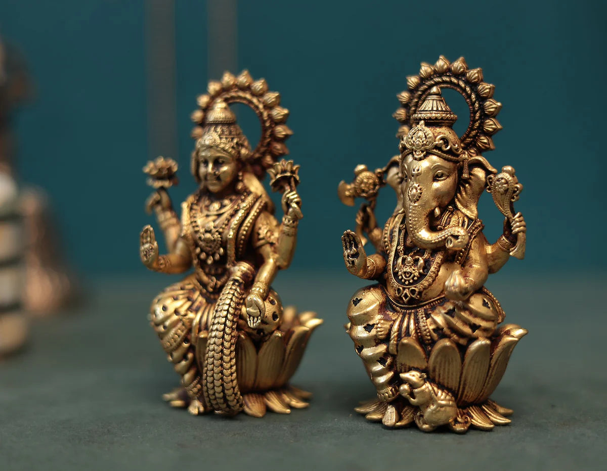Superfine Antique Brass Lakshmi Ganesh Pair