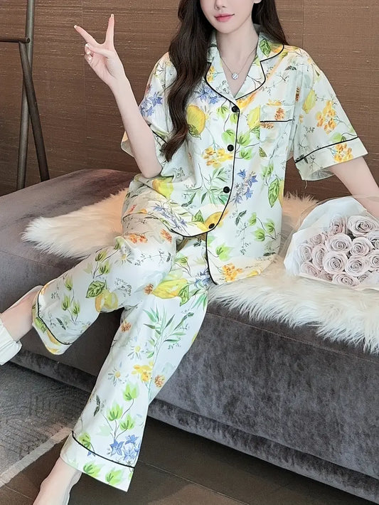 Women's Lightweight Floral Pajama Set - Comfortable Short Sleeve Top & Long Pants for Summer