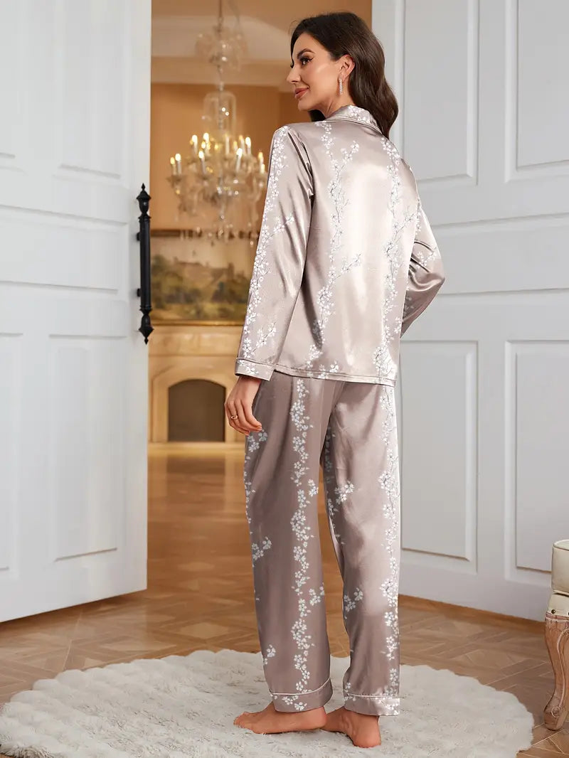 Women's Elegant Floral Satin Pajama Set – Long Sleeve Lapel Collar Sleepwear, All-Season Comfort