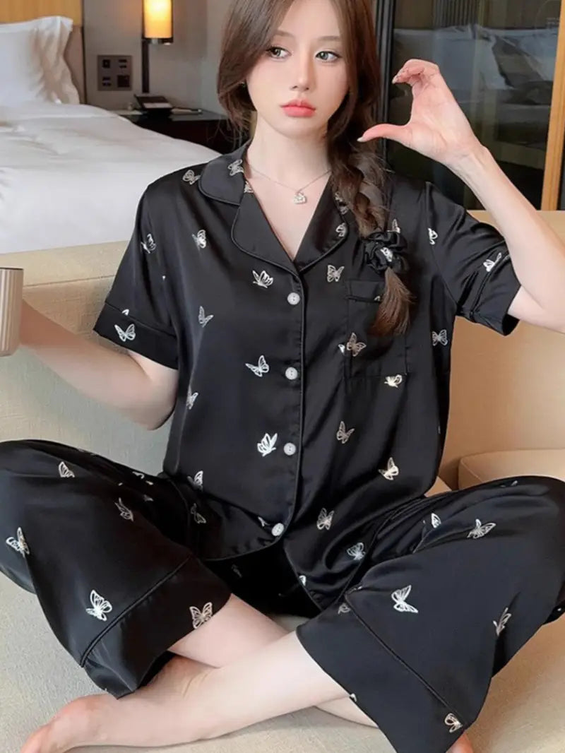 Women's French-Style Butterfly Print Fall Pajama Set - Short Sleeve Top & Long Pants