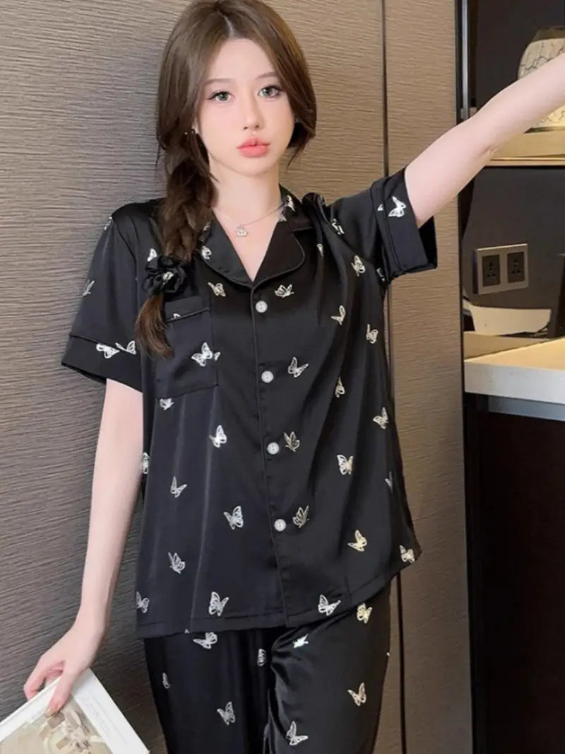 Women's French-Style Butterfly Print Fall Pajama Set - Short Sleeve Top & Long Pants