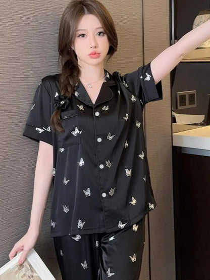 Women's French-Style Butterfly Print Fall Pajama Set - Short Sleeve Top & Long Pants