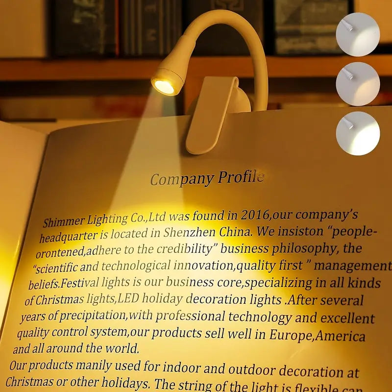 Mini Portable Clip-On Book Light, 3 Colors, USB-C Rechargeable, 360° Foldable LED Reading Lamp