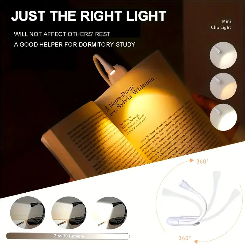 Mini Portable Clip-On Book Light, 3 Colors, USB-C Rechargeable, 360° Foldable LED Reading Lamp