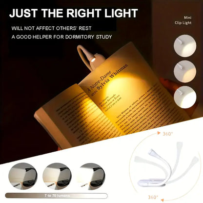 Mini Portable Clip-On Book Light, 3 Colors, USB-C Rechargeable, 360° Foldable LED Reading Lamp