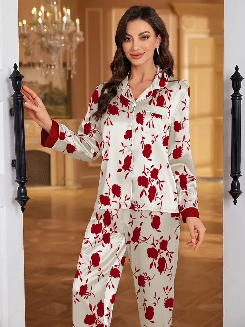 Chic Satin Floral Print Sleepwear for Women – Long Sleeve & Pants for Year-Round Comfort
