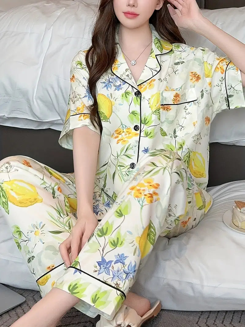 Women's Lightweight Floral Pajama Set - Comfortable Short Sleeve Top & Long Pants for Summer