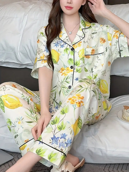 Women's Lightweight Floral Pajama Set - Comfortable Short Sleeve Top & Long Pants for Summer