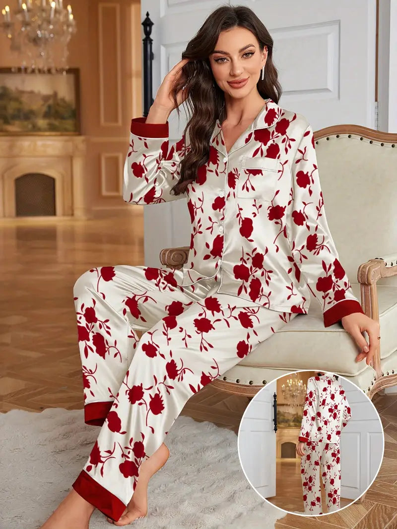 Chic Satin Floral Print Sleepwear for Women – Long Sleeve & Pants for Year-Round Comfort