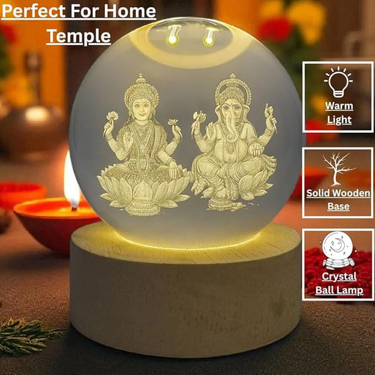 Laxmi Ganesh Crystal Ball Lamp with Wooden Base