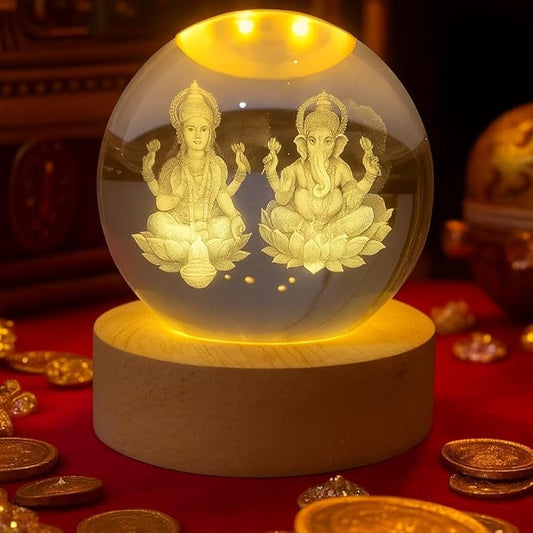 Laxmi Ganesh Crystal Ball Lamp with Wooden Base