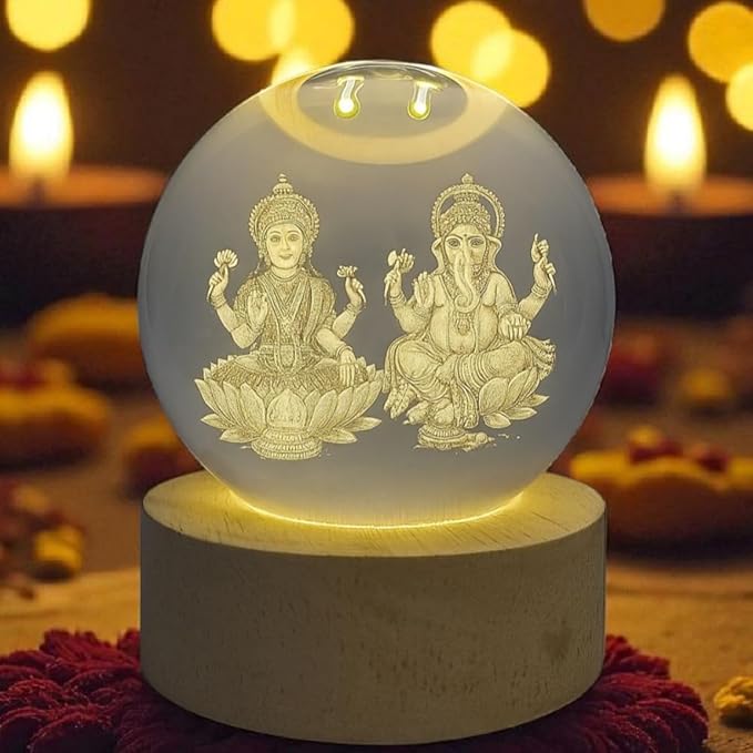 Laxmi Ganesh Crystal Ball Lamp with Wooden Base