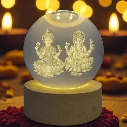 Laxmi Ganesh Crystal Ball Lamp with Wooden Base