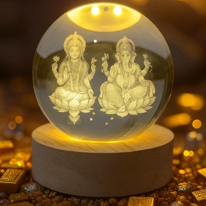 Laxmi Ganesh Crystal Ball Lamp with Wooden Base