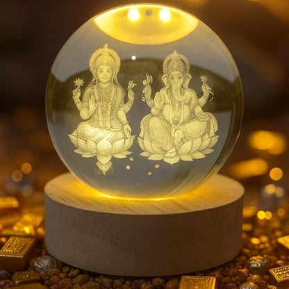 Laxmi Ganesh Crystal Ball Lamp with Wooden Base
