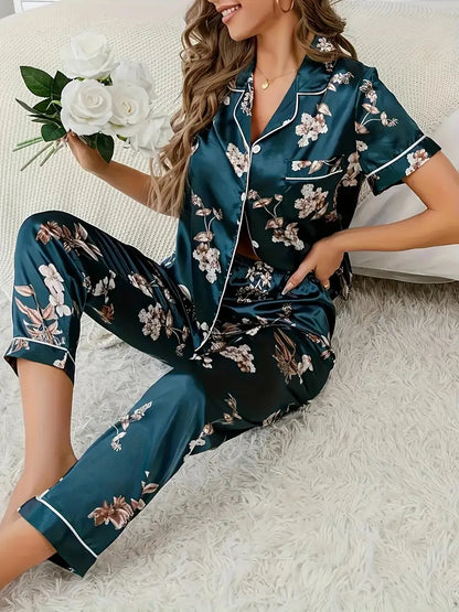 Women's Navy Floral Satin Pajamas - Soft, True-to-Size Fit & All-Season Wear