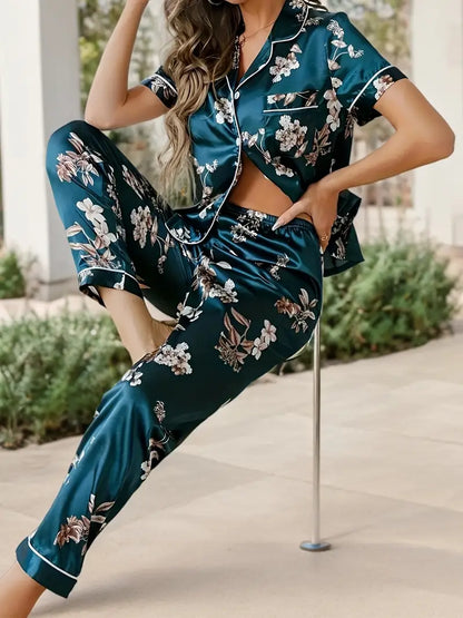 Women's Navy Floral Satin Pajamas - Soft, True-to-Size Fit & All-Season Wear