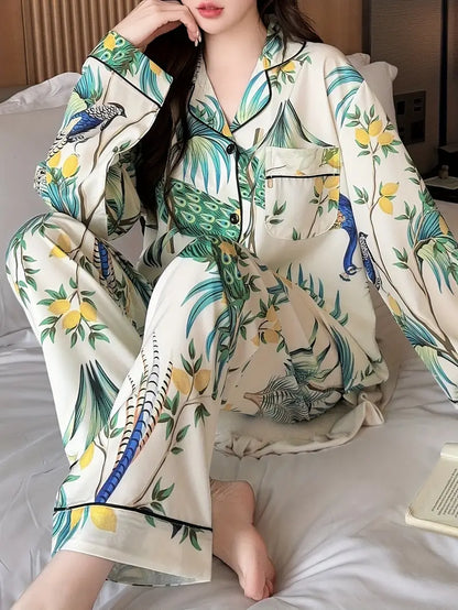 Women's Comfortable Floral & Bird Print Loungewear Set – Long Sleeve & Pants for Spring/Fall