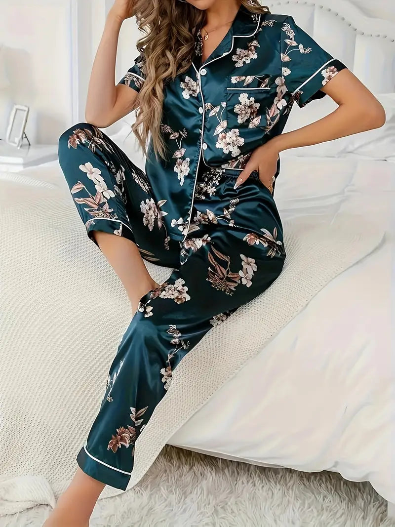 Women's Navy Floral Satin Pajamas - Soft, True-to-Size Fit & All-Season Wear