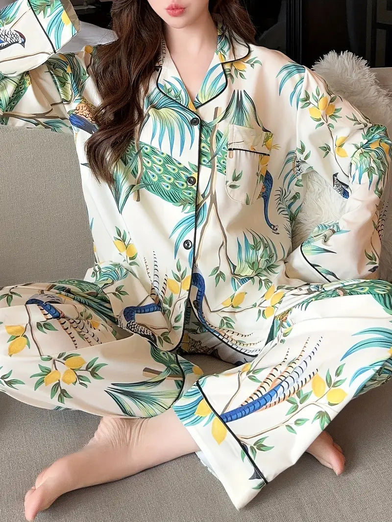 Women's Comfortable Floral & Bird Print Loungewear Set – Long Sleeve & Pants for Spring/Fall
