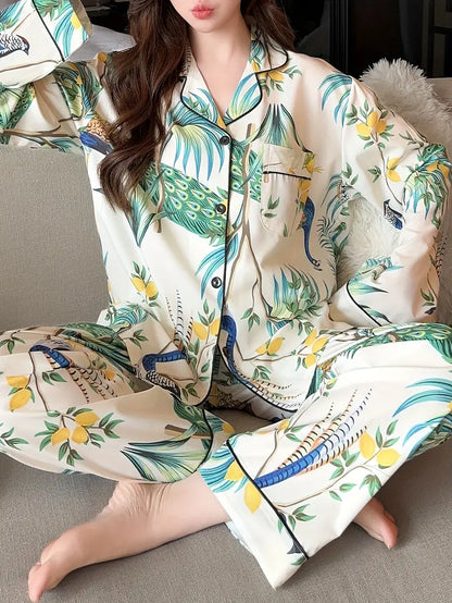 Women's Comfortable Floral & Bird Print Loungewear Set – Long Sleeve & Pants for Spring/Fall