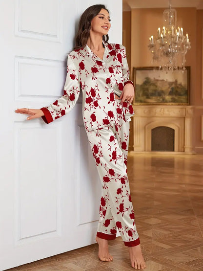 Chic Satin Floral Print Sleepwear for Women – Long Sleeve & Pants for Year-Round Comfort