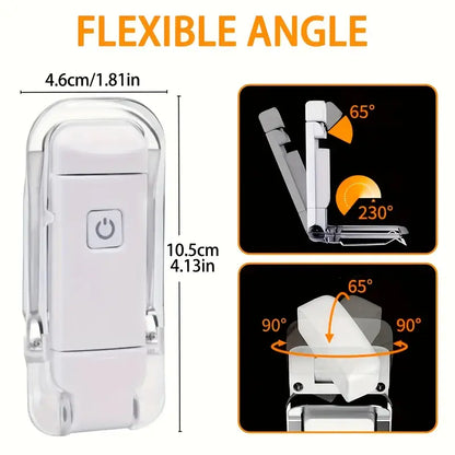 Portable USB Rechargeable Clip-On Reading Light, Foldable with 3 Brightness Levels & Eye Protection