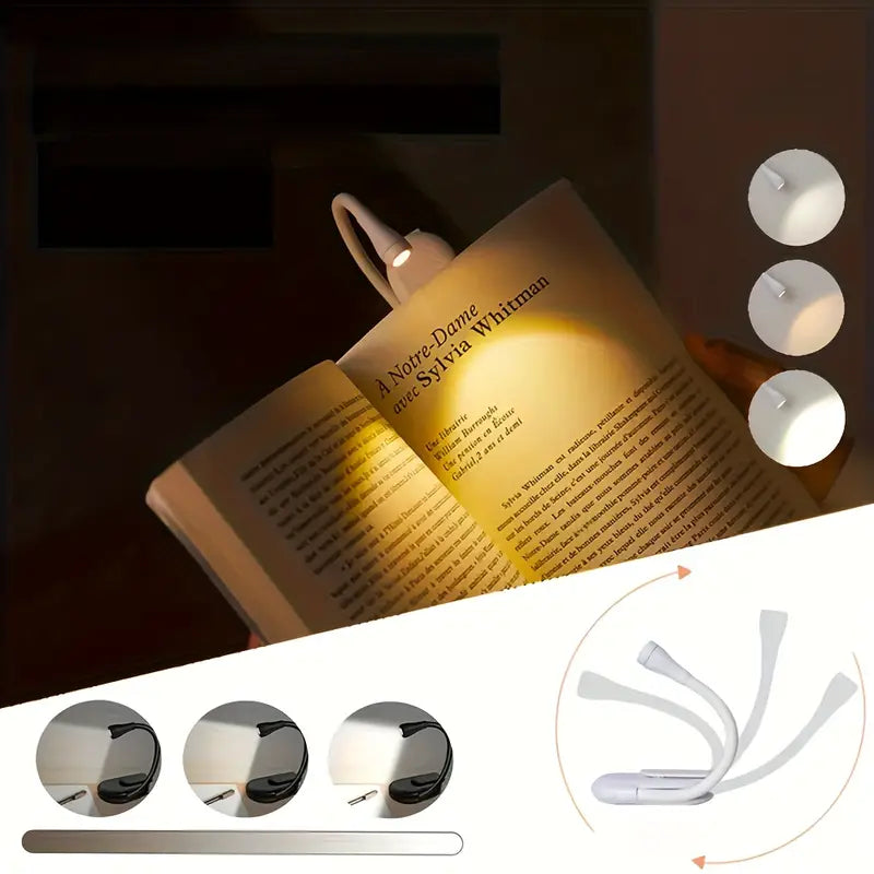 Mini Portable Clip-On Book Light, 3 Colors, USB-C Rechargeable, 360° Foldable LED Reading Lamp