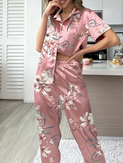 Chic Satin Print Pajamas - Short Sleeve Cardigan & Long Pants Loungewear