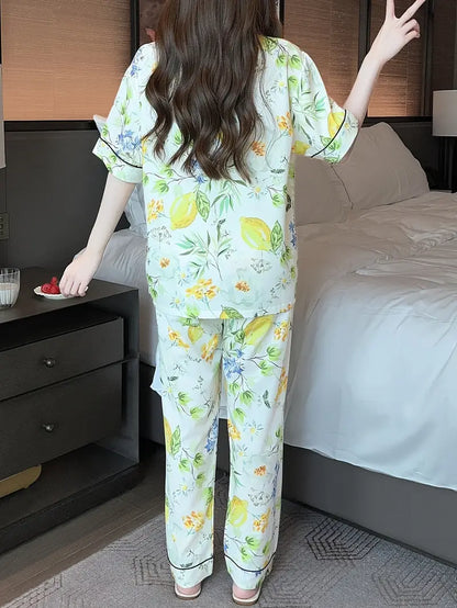 Women's Lightweight Floral Pajama Set - Comfortable Short Sleeve Top & Long Pants for Summer