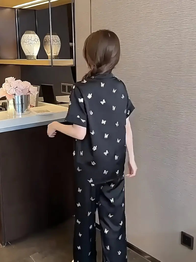 Women's French-Style Butterfly Print Fall Pajama Set - Short Sleeve Top & Long Pants