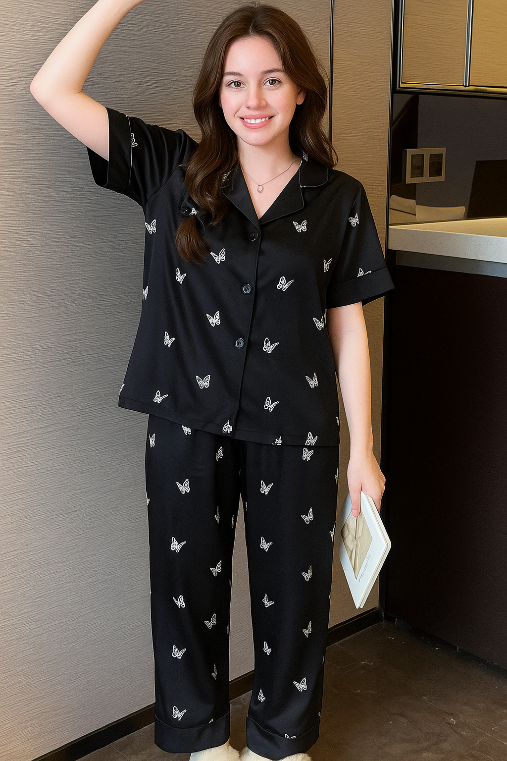 Women's French-Style Butterfly Print Fall Pajama Set - Short Sleeve Top & Long Pants