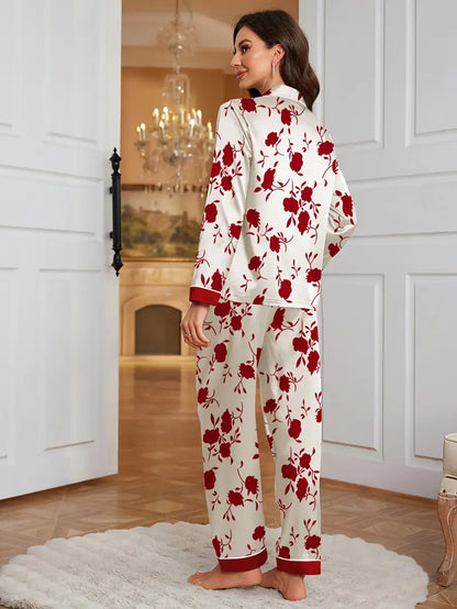 Chic Satin Floral Print Sleepwear for Women – Long Sleeve & Pants for Year-Round Comfort