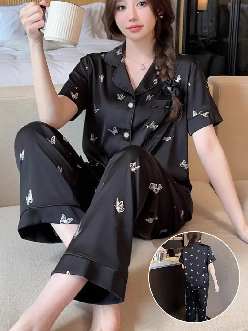 Women's French-Style Butterfly Print Fall Pajama Set - Short Sleeve Top & Long Pants
