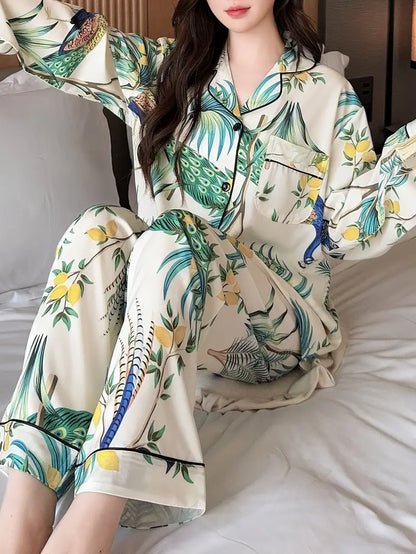 Women's Comfortable Floral & Bird Print Loungewear Set – Long Sleeve & Pants for Spring/Fall