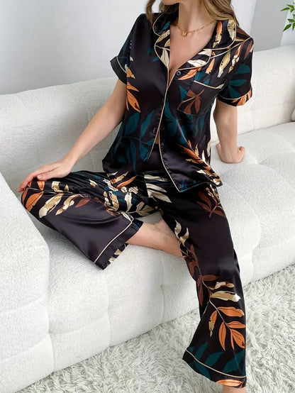 Women's Black Satin Floral Loungewear Set - Comfortable Short Sleeve Top & Elastic Waist Pants