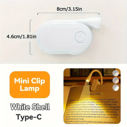 Mini Portable Clip-On Book Light, 3 Colors, USB-C Rechargeable, 360° Foldable LED Reading Lamp