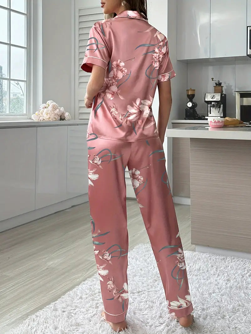 Chic Satin Print Pajamas - Short Sleeve Cardigan & Long Pants Loungewear