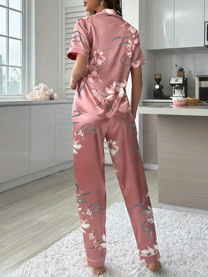 Chic Satin Print Pajamas - Short Sleeve Cardigan & Long Pants Loungewear