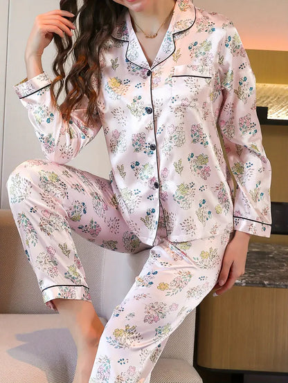 Women's Floral Print Long Sleeve Pajama Set - Button-Top & Pants