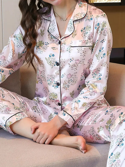 Women's Floral Print Long Sleeve Pajama Set - Button-Top & Pants