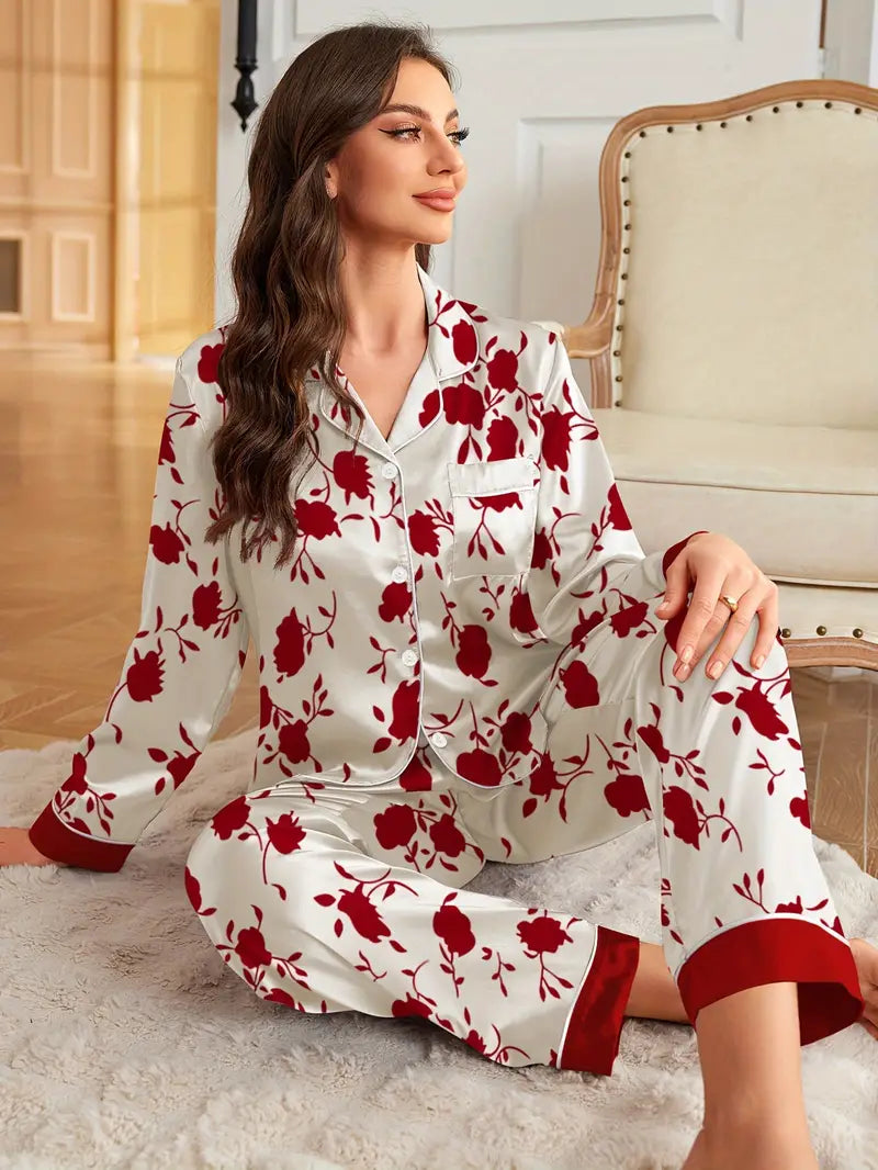 Chic Satin Floral Print Sleepwear for Women – Long Sleeve & Pants for Year-Round Comfort