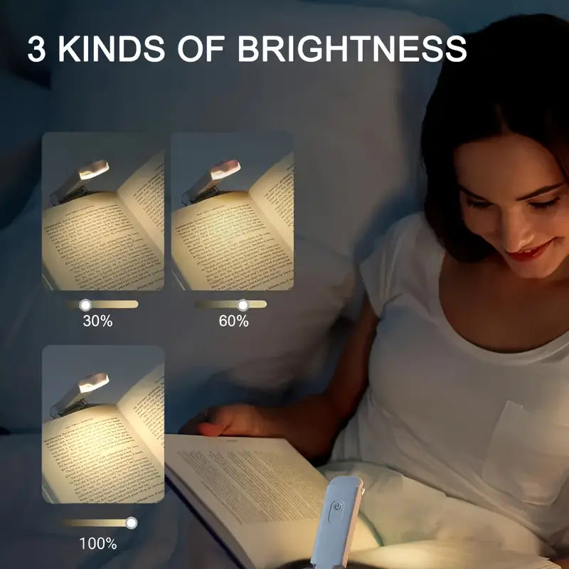 Portable USB Rechargeable Clip-On Reading Light, Foldable with 3 Brightness Levels & Eye Protection