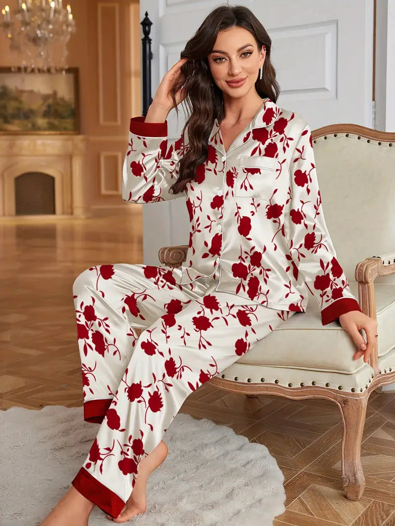 Chic Satin Floral Print Sleepwear for Women – Long Sleeve & Pants for Year-Round Comfort